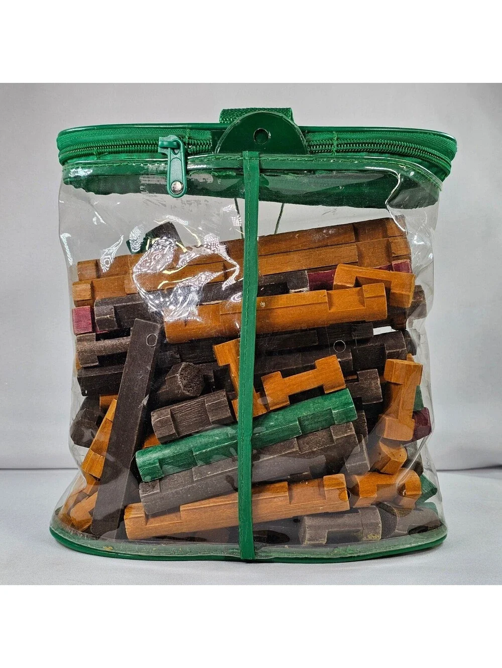 Vintage Lincoln Logs Red Wood Real Wood Building Logs Set in Clear Carrying Bag